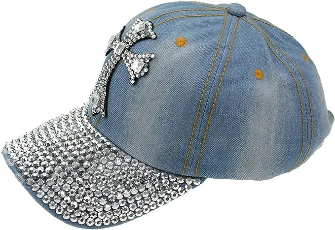 Light Blue Cross Rhinestone Fashion Caps