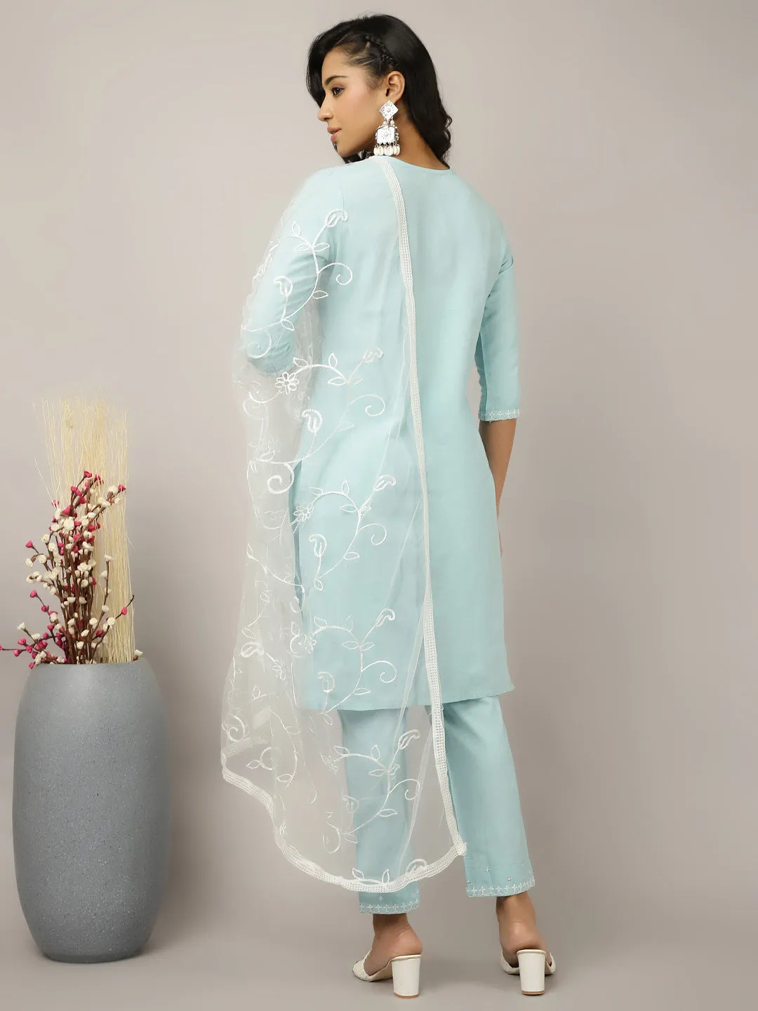 Light Blue Sequin Embroidered Suit Set