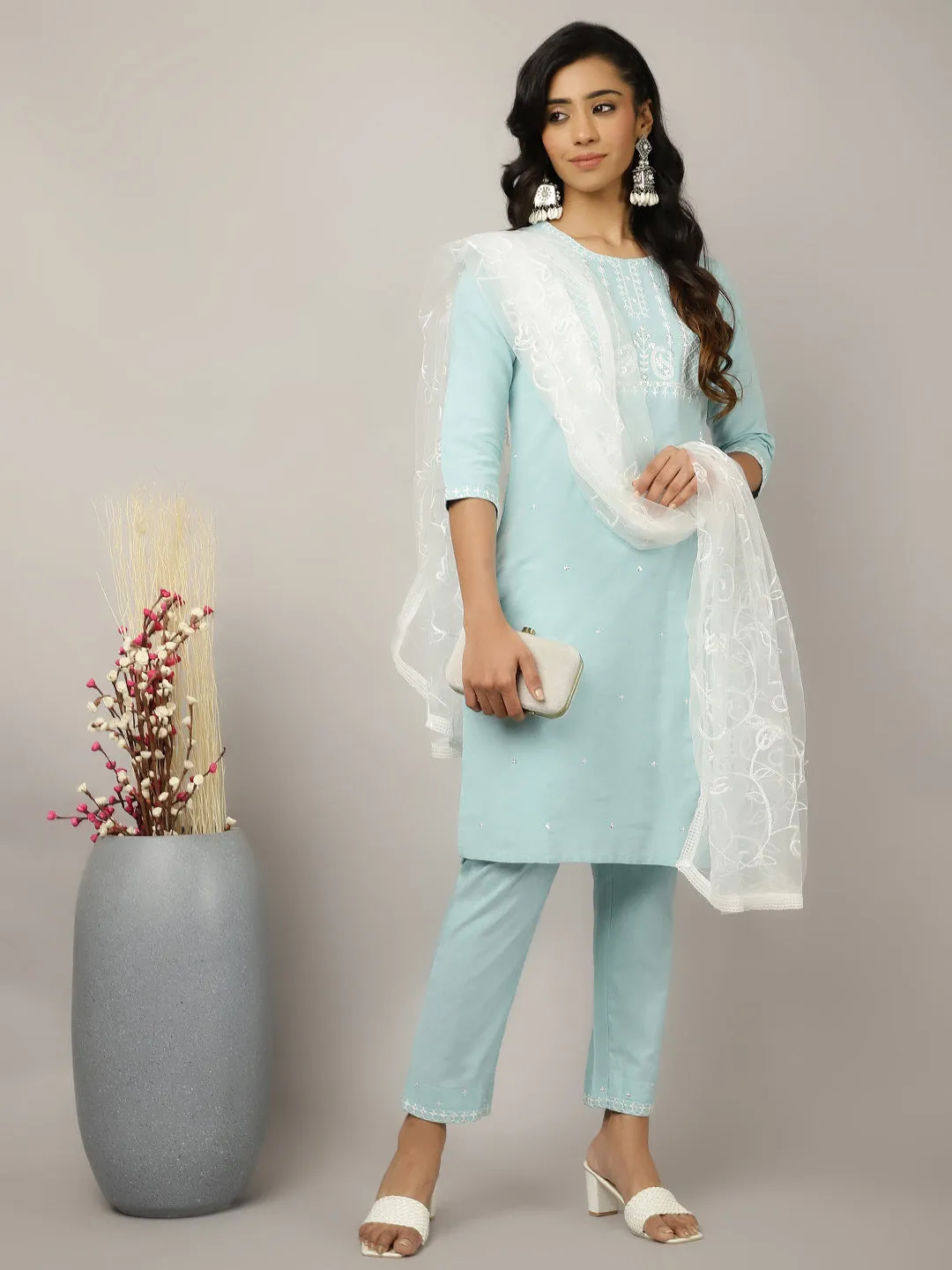 Light Blue Sequin Embroidered Suit Set