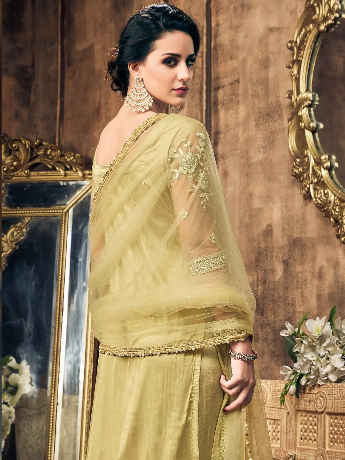 Light Green Embroidery And Pearl Embellished Pakistani Pant Suit