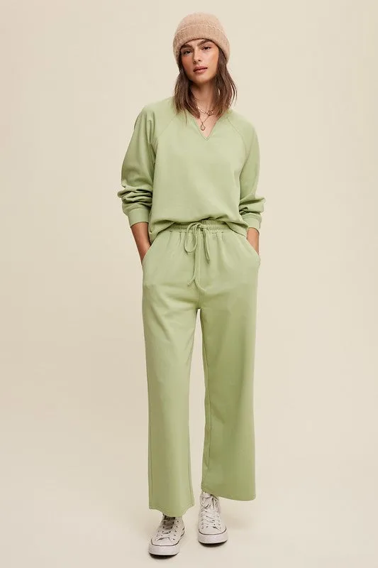 Light Olive V-Neck Sweatshirt And Pants Set