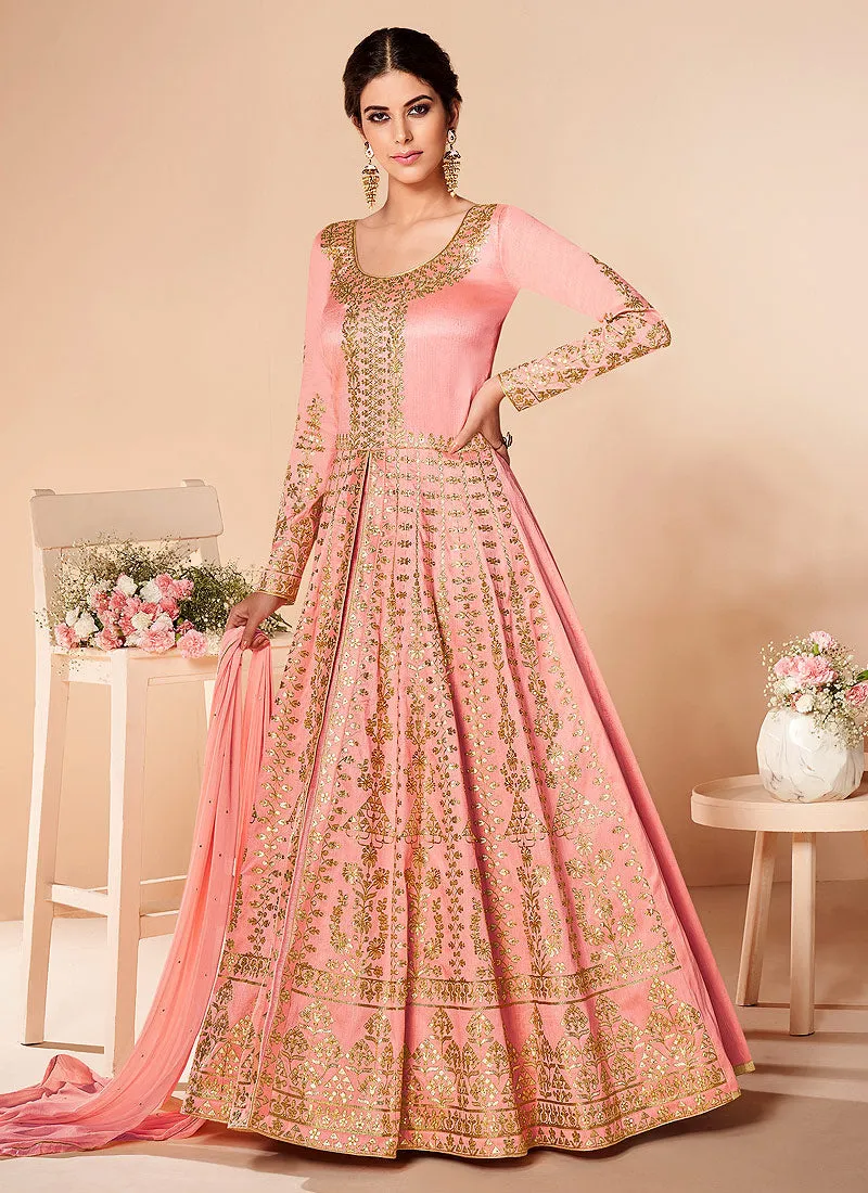 Light Pink Embroidered Silk Anarkali Suit