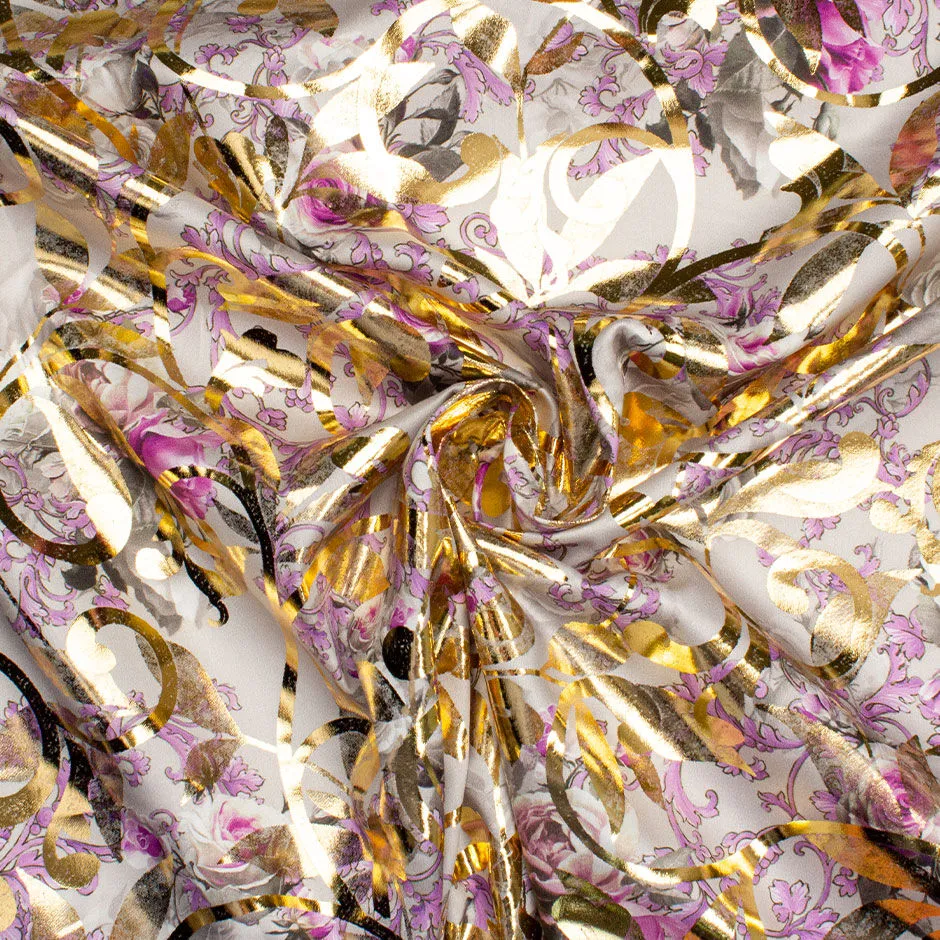 Lilac Floral Printed Grey & Gold Laminated Cotton