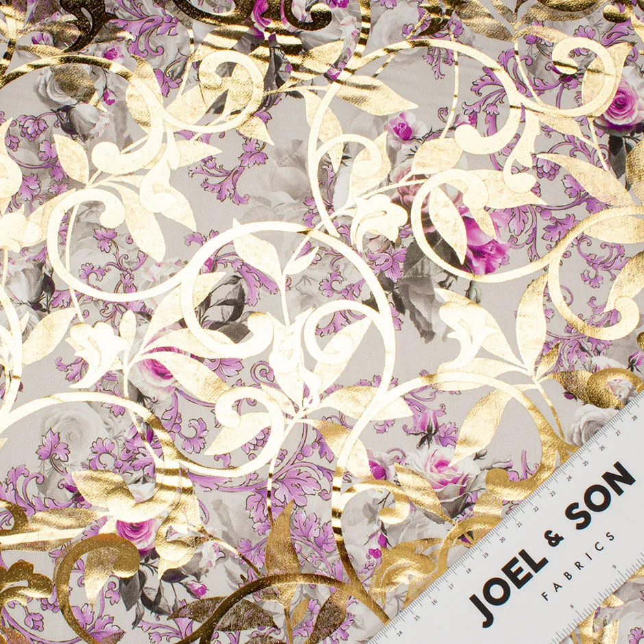 Lilac Floral Printed Grey & Gold Laminated Cotton