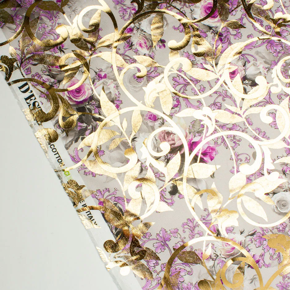 Lilac Floral Printed Grey & Gold Laminated Cotton