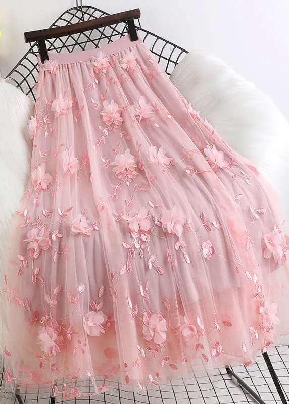 Natural Pink Embroideried Floral tulle Skirts Spring