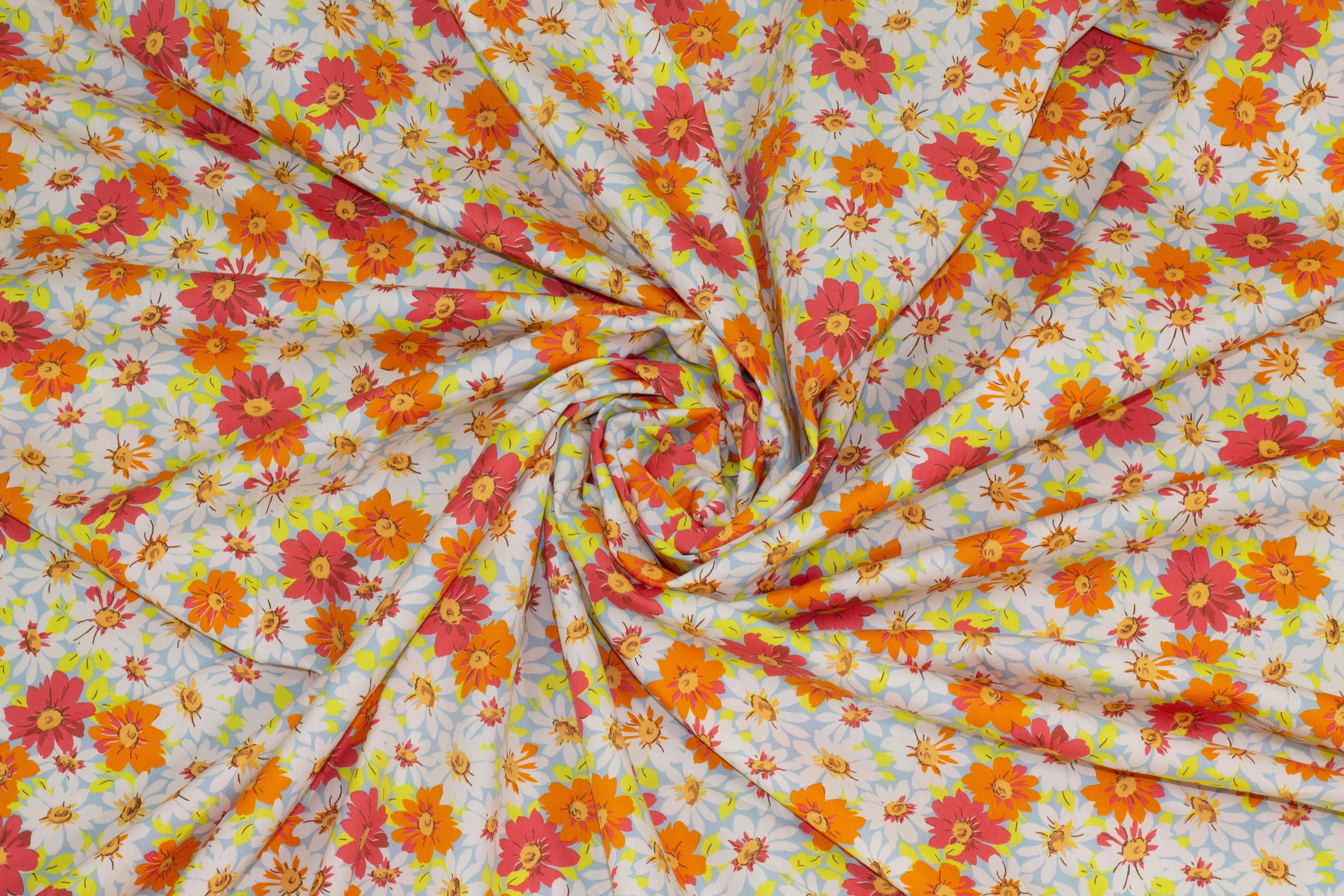 Orange, Yellow, White and Blue Daisy Floral Italian Cotton