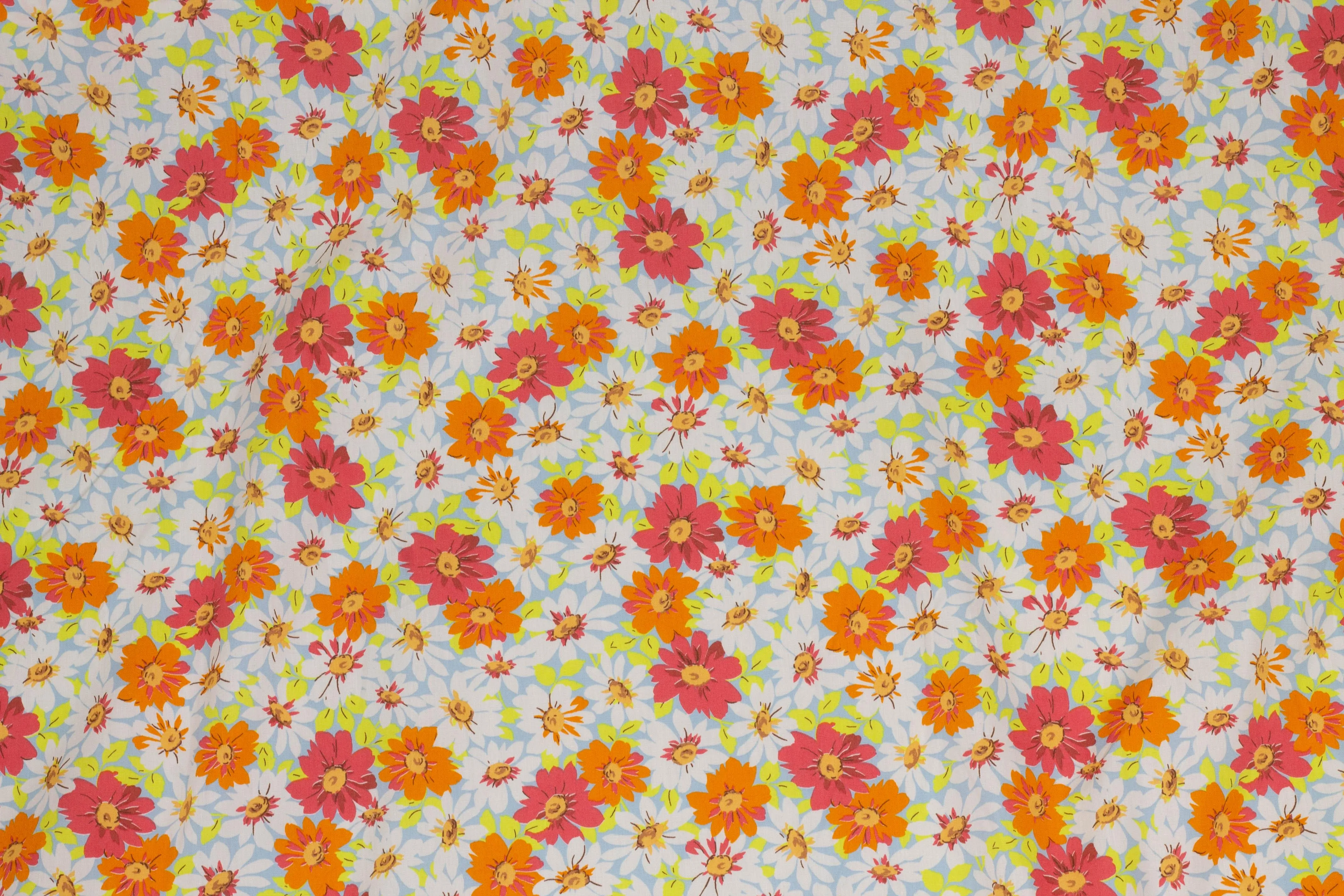 Orange, Yellow, White and Blue Daisy Floral Italian Cotton