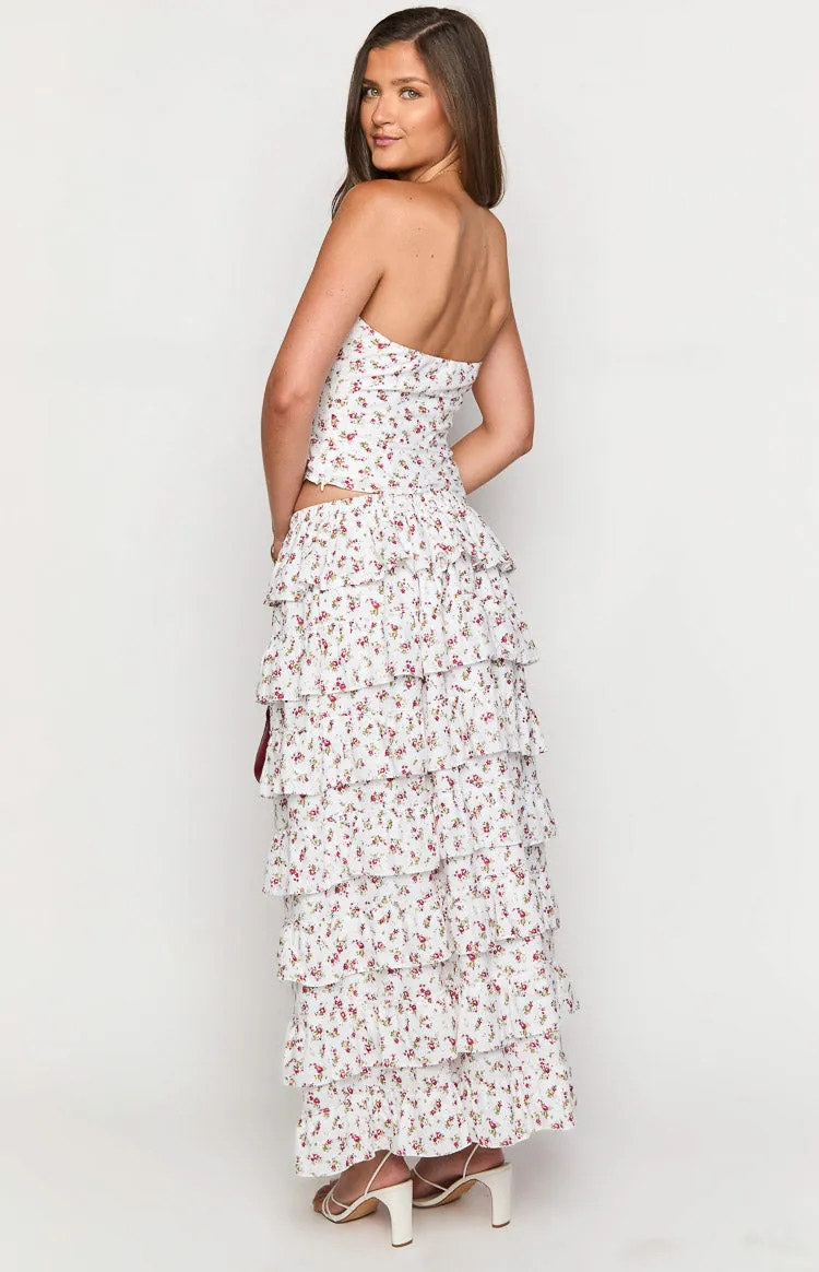 Paisley White Floral Ruffle Maxi Skirt