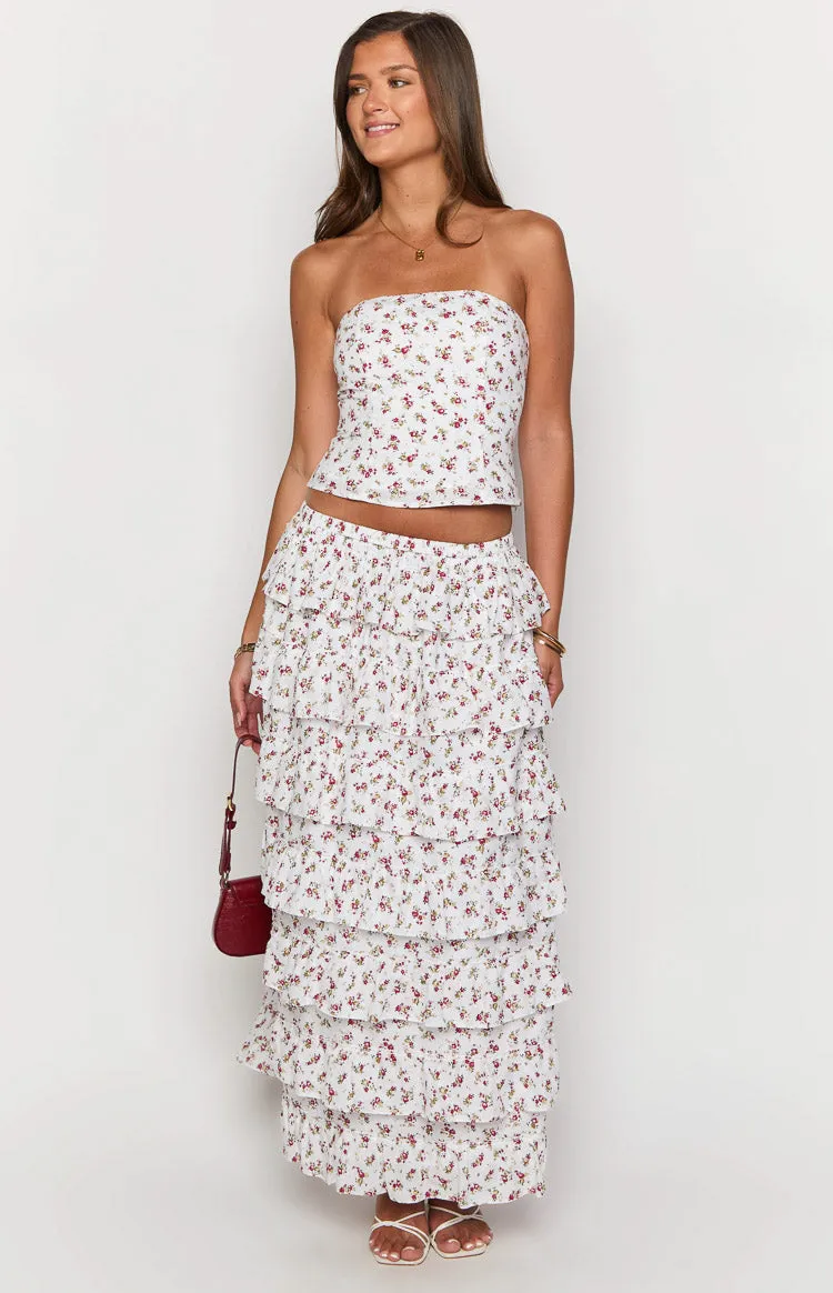 Paisley White Floral Ruffle Maxi Skirt