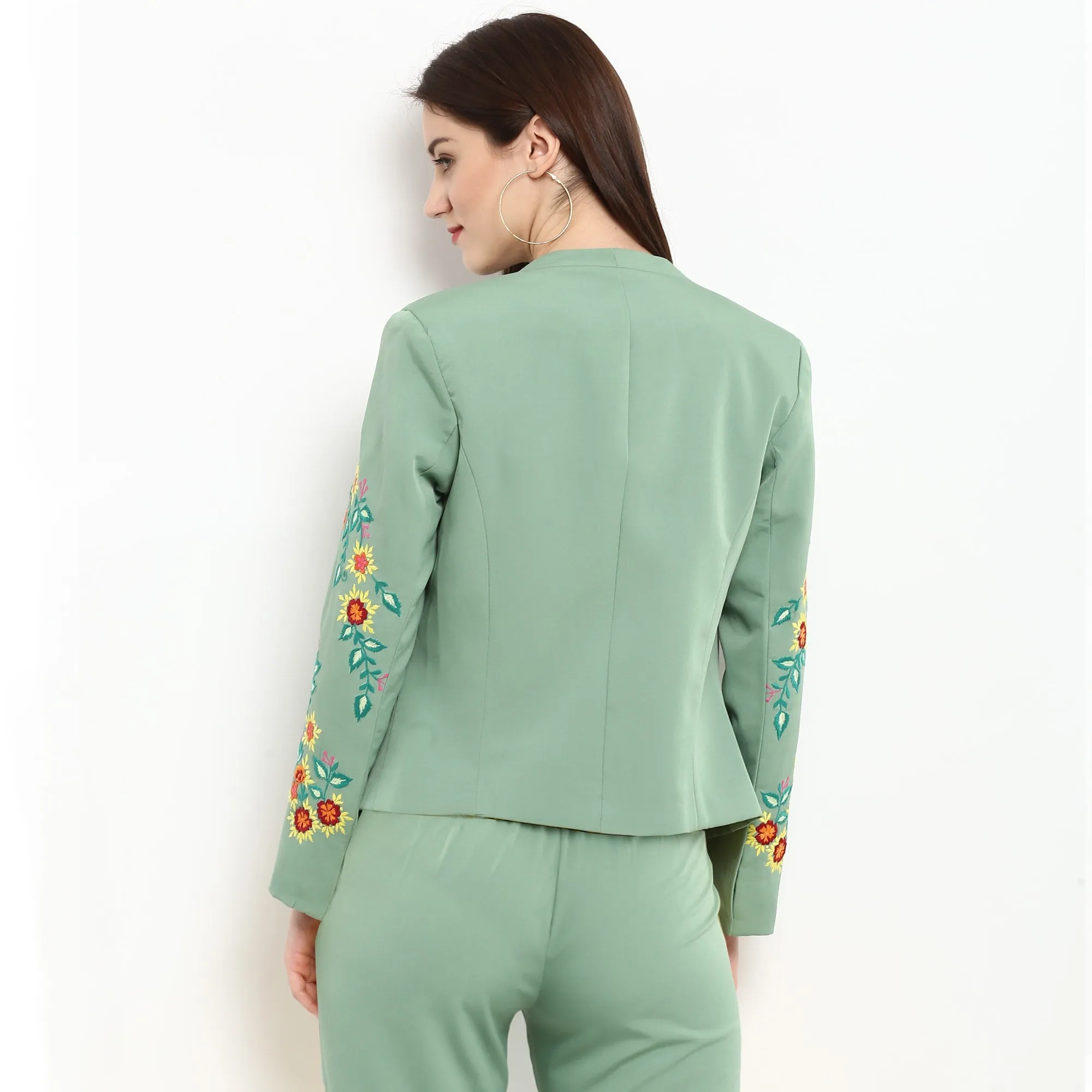 Pannkh Women's Pastel Green Embroidered Blazer