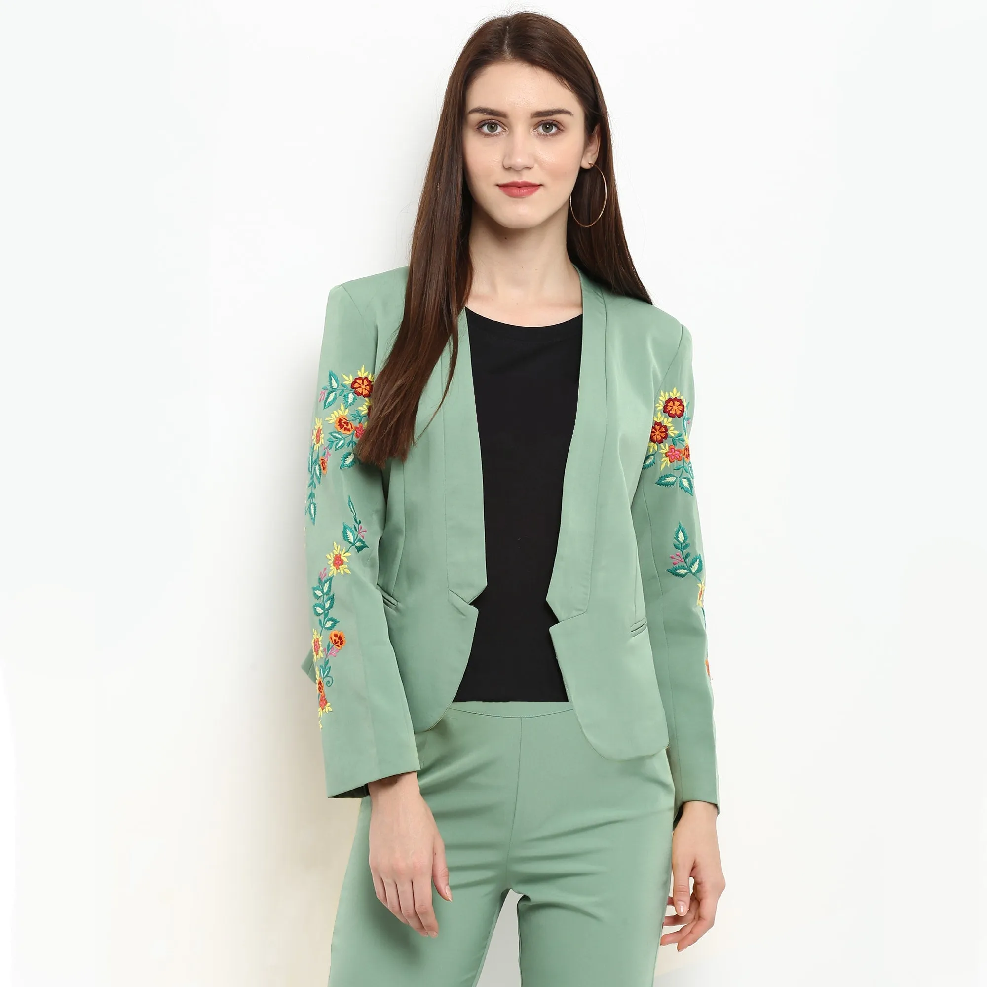 Pannkh Women's Pastel Green Embroidered Blazer