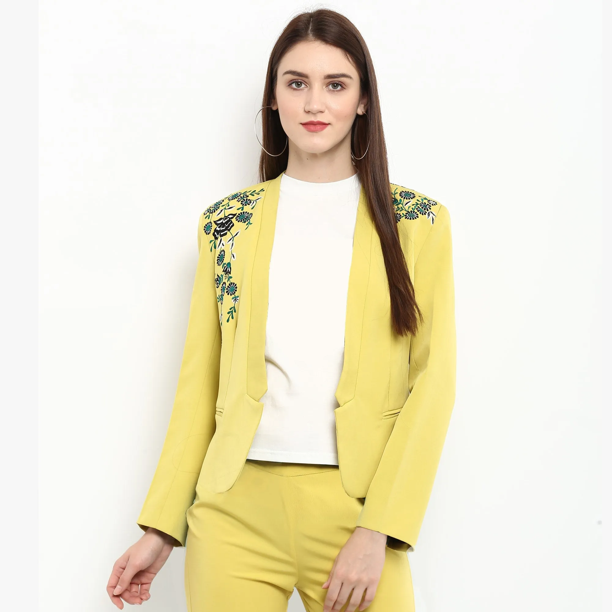 Pannkh Women's Pastel Yellow Embroidered Blazer