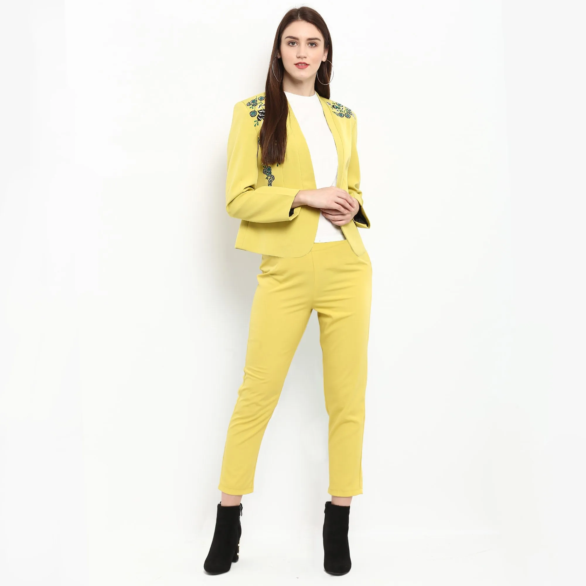 Pannkh Women's Pastel Yellow Embroidered Blazer