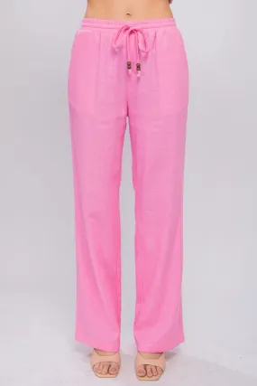 Pink Linen Drawstring Waist Long Pants with Pockets