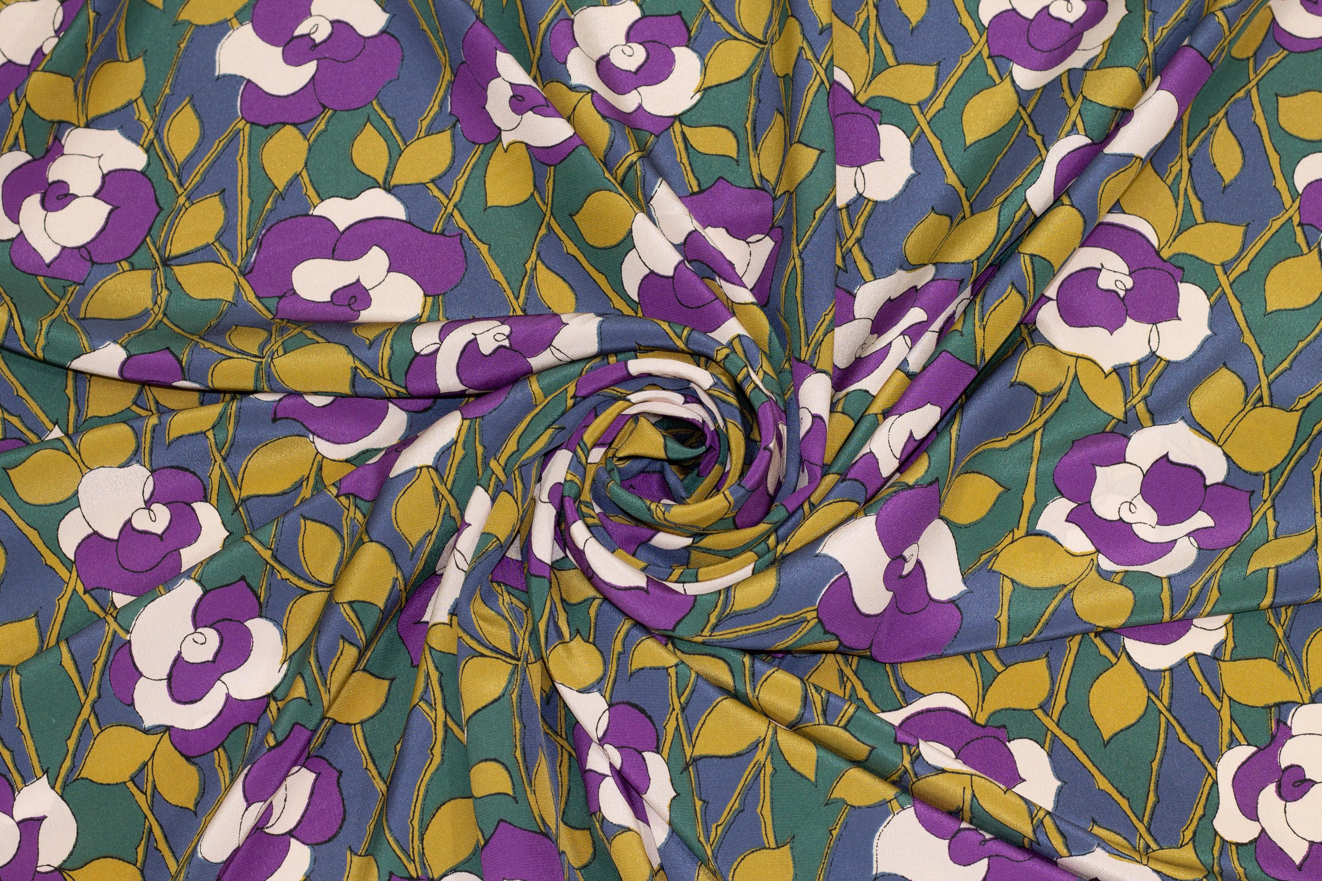 Purple, Brown, and Green Floral Crepe De Chine Silk