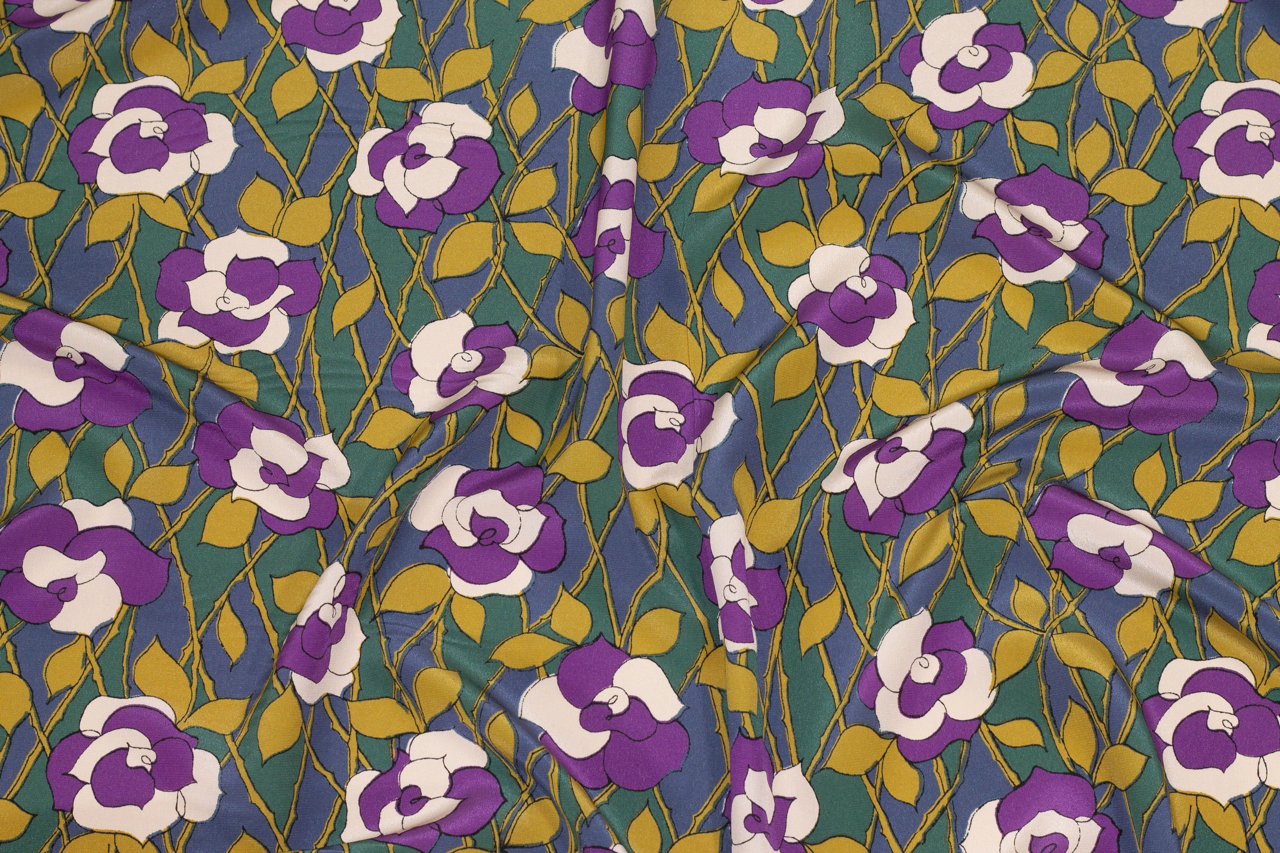 Purple, Brown, and Green Floral Crepe De Chine Silk