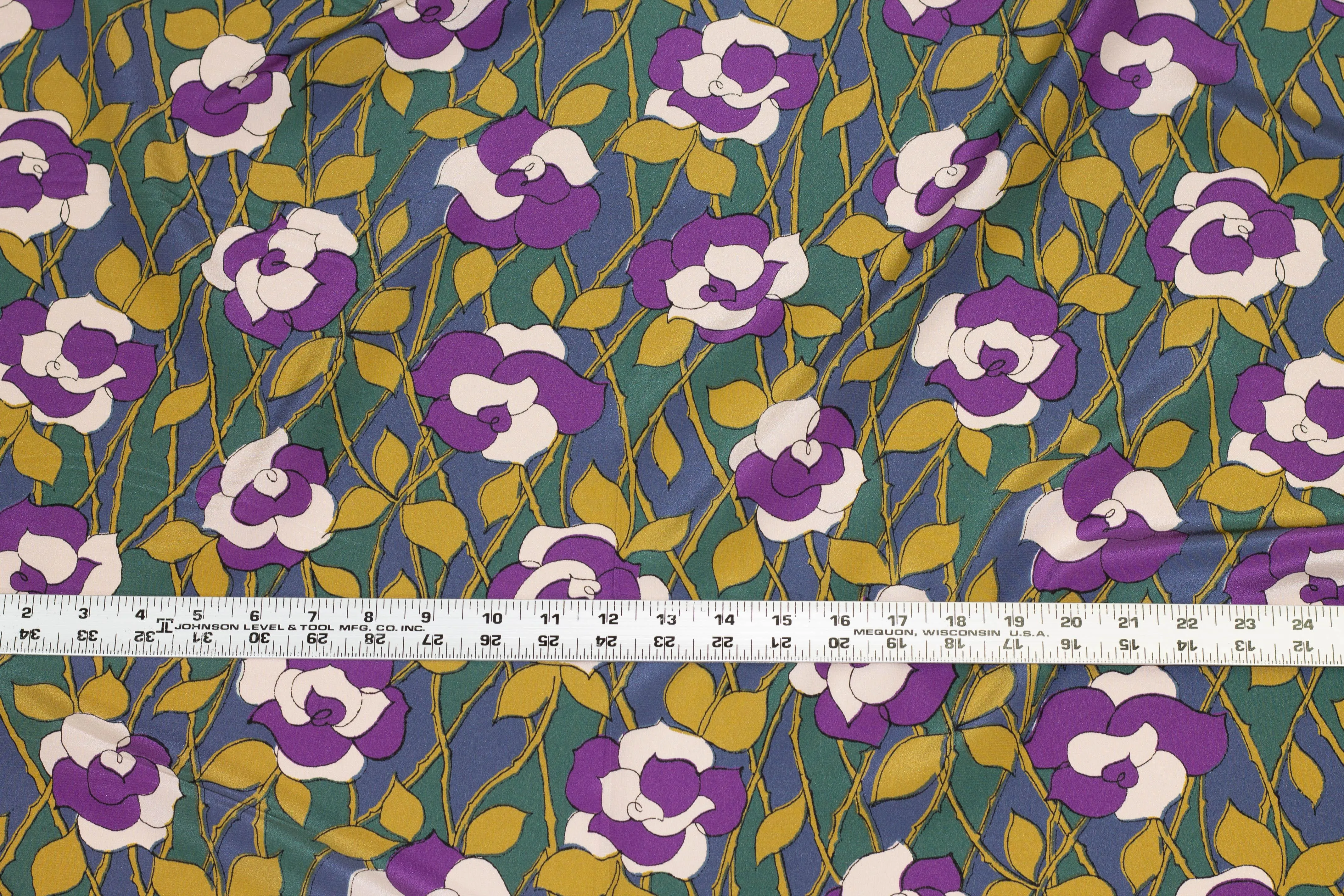 Purple, Brown, and Green Floral Crepe De Chine Silk