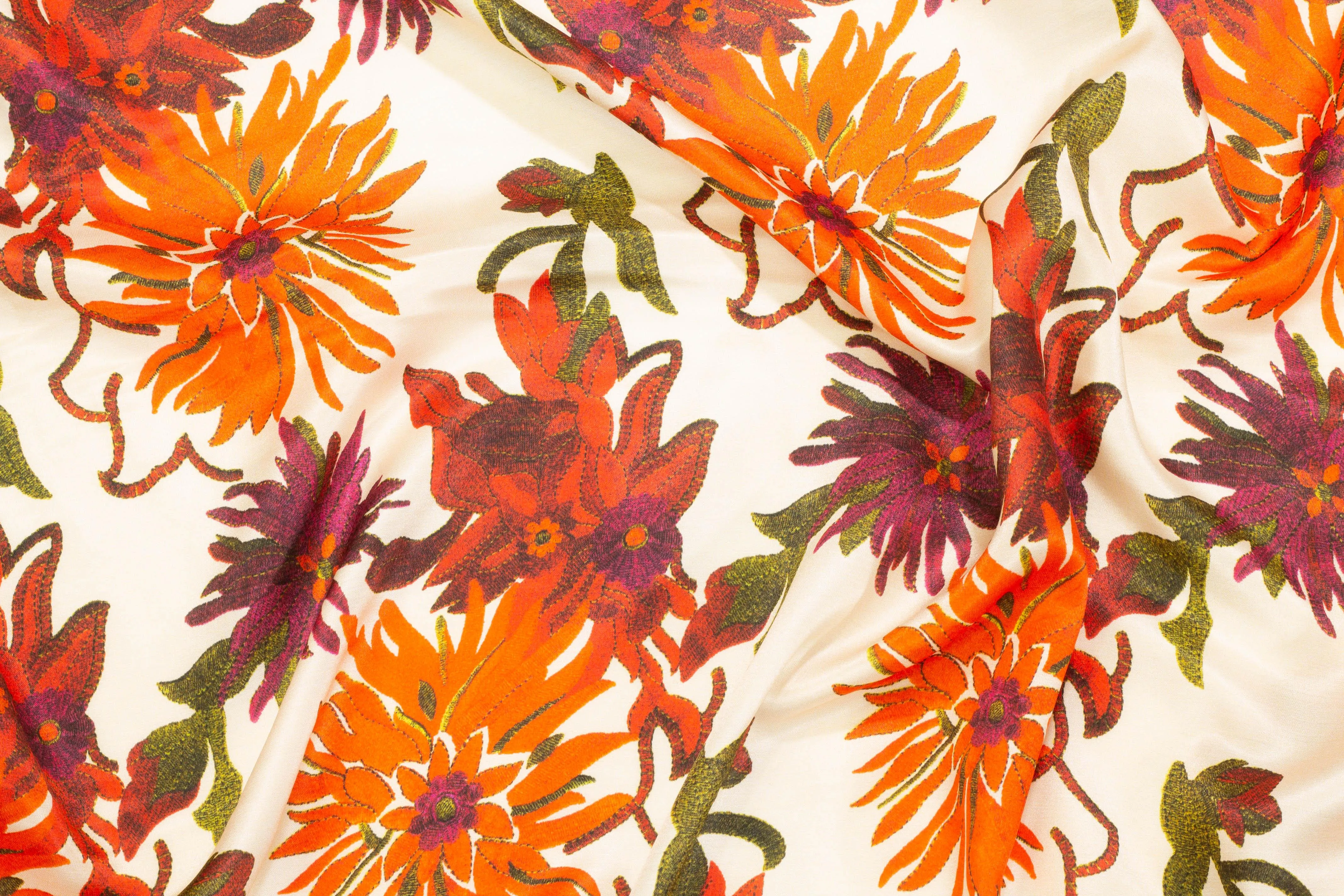 Red and Orange Floral Italian Silk Charmeuse