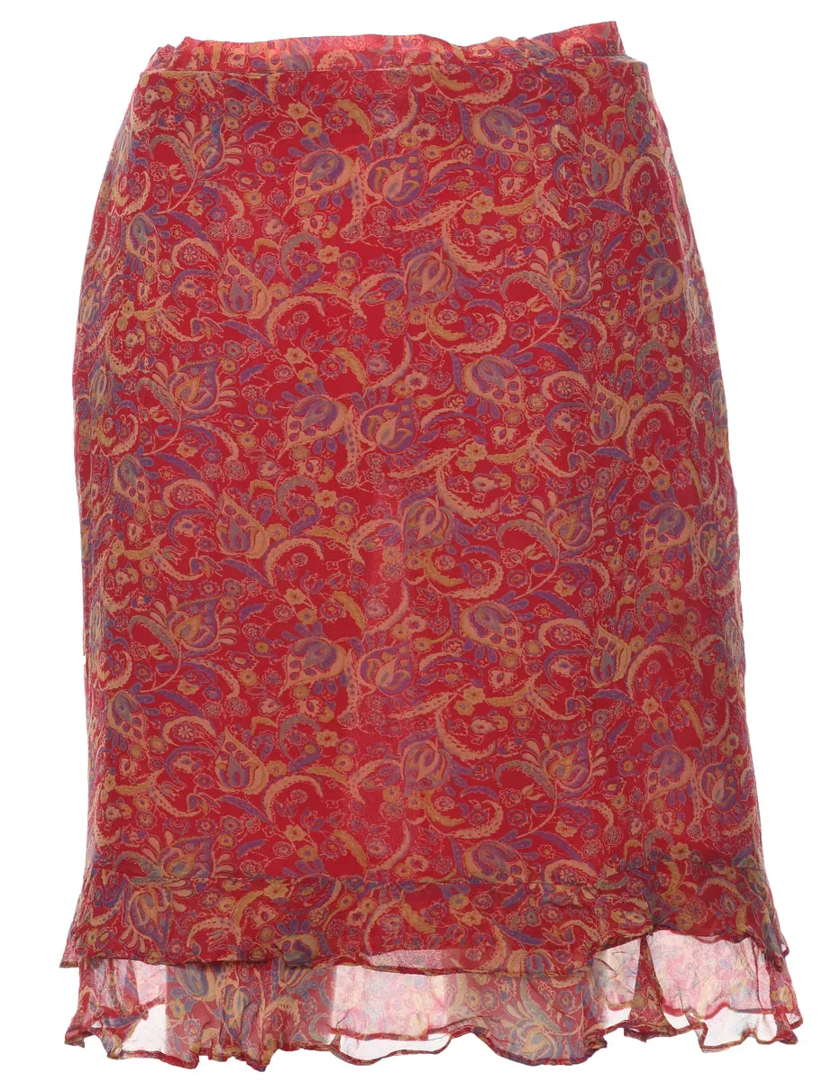 Silk Floral Pattern A-line Skirt - S