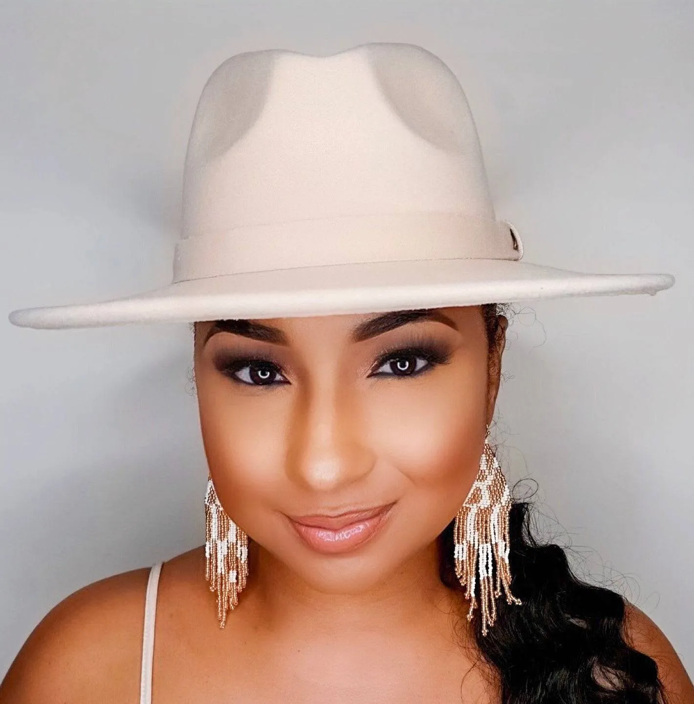 Still Trending | Wide Brim Panama Felt Fedora Hat with Band - Beige