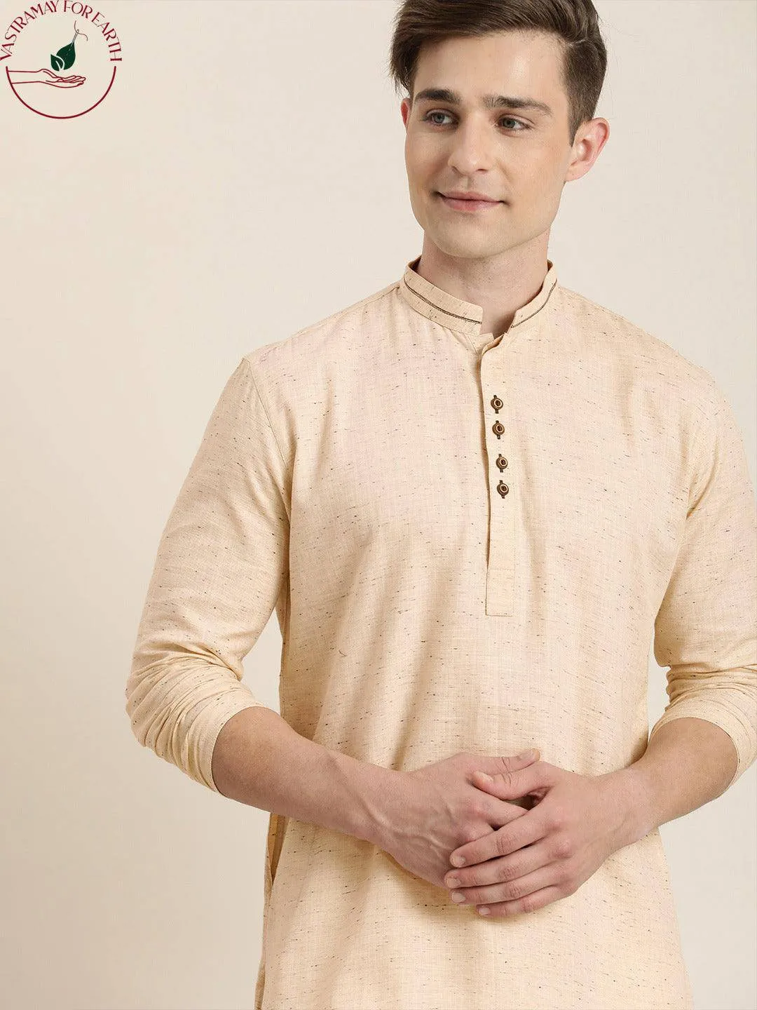 VASTRAMAY Men's Beige Cotton Short Kurta