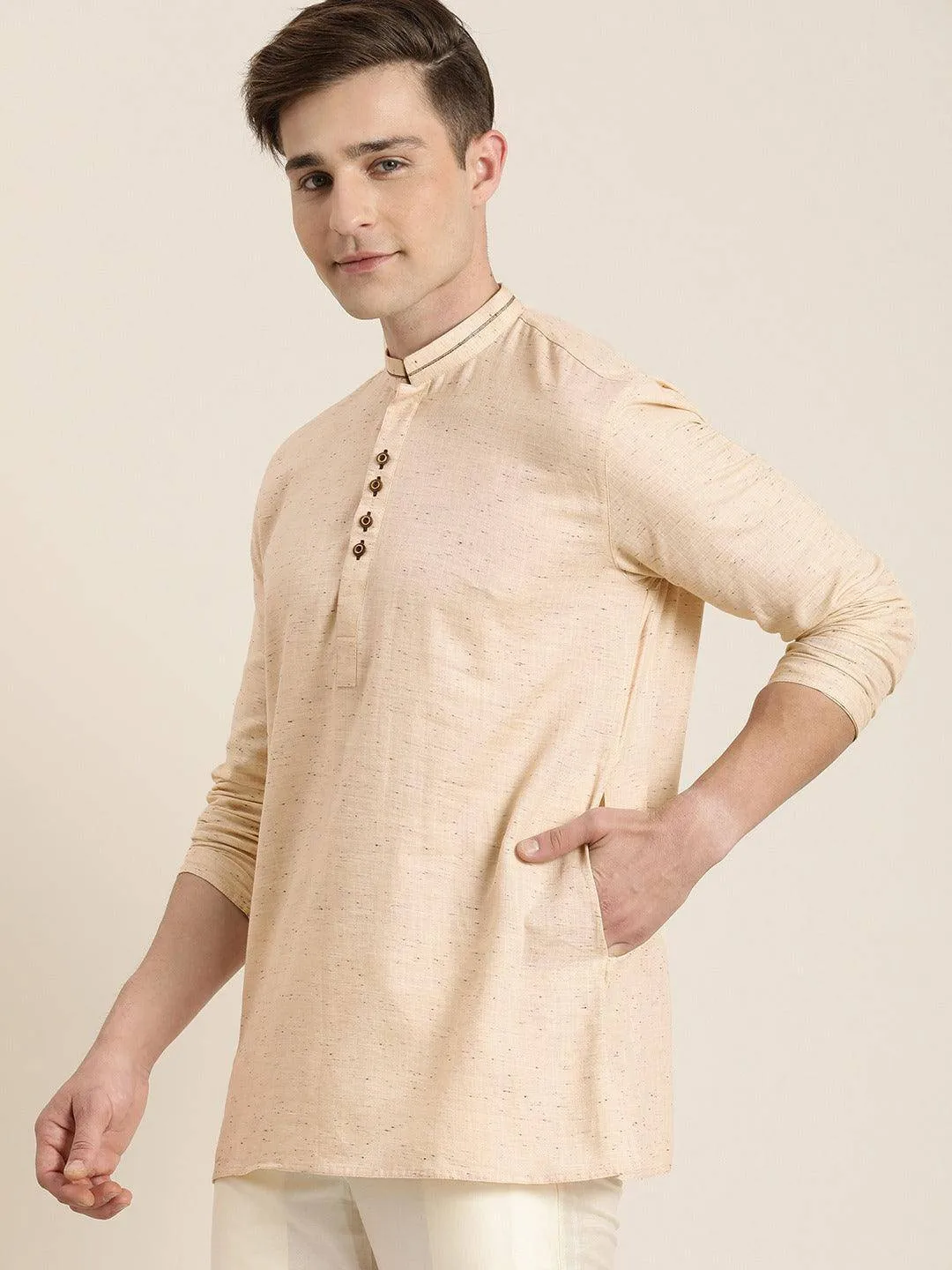 VASTRAMAY Men's Beige Cotton Short Kurta