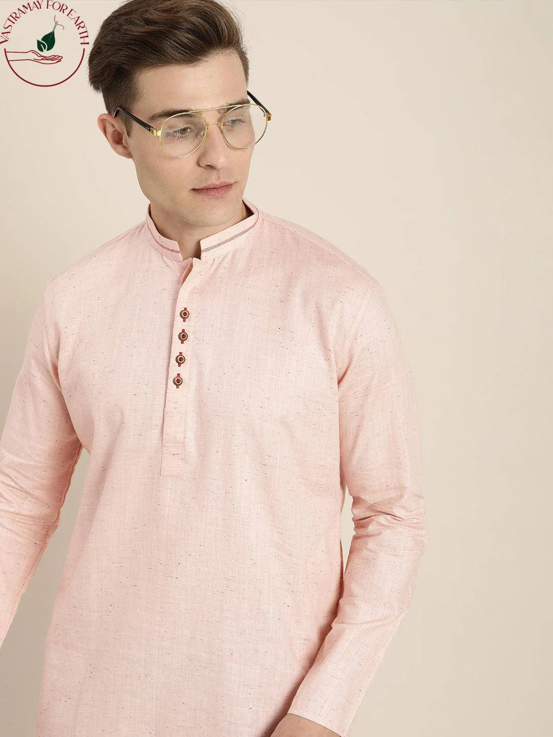 VASTRAMAY Men's Pink Cotton Short Kurta