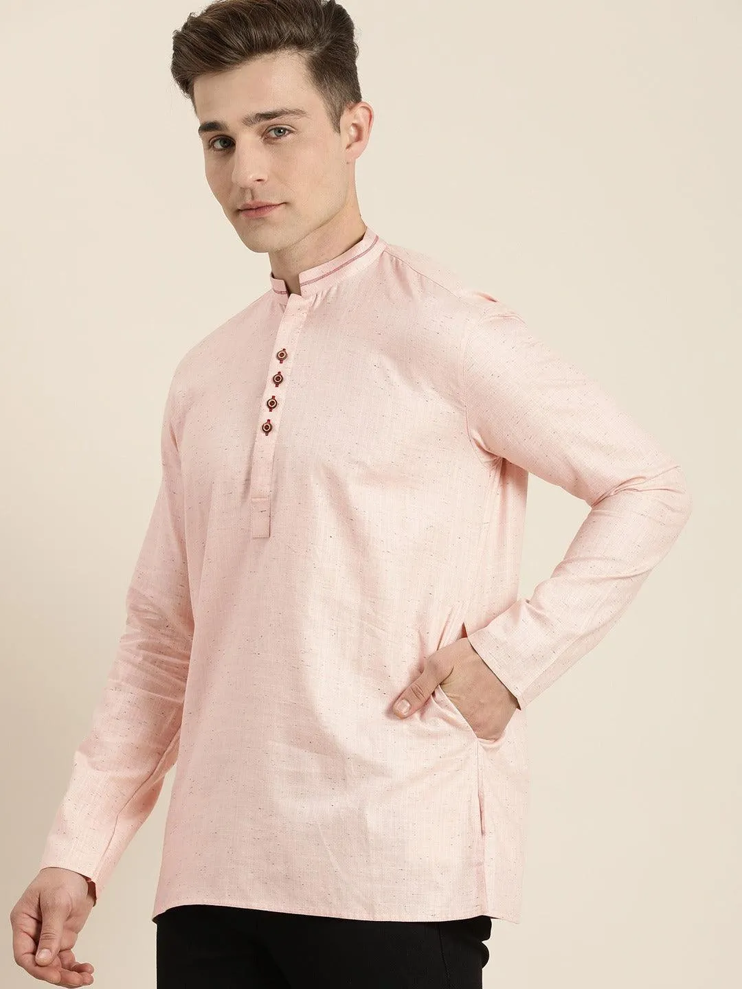 VASTRAMAY Men's Pink Cotton Short Kurta