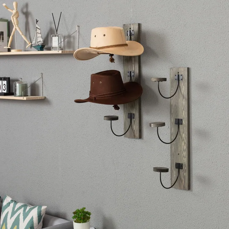 Wall Mounted Hat Rack, Gray Wood and Black Metal Wire Vertical Hat and Coat Storage Hooks, Set of 2