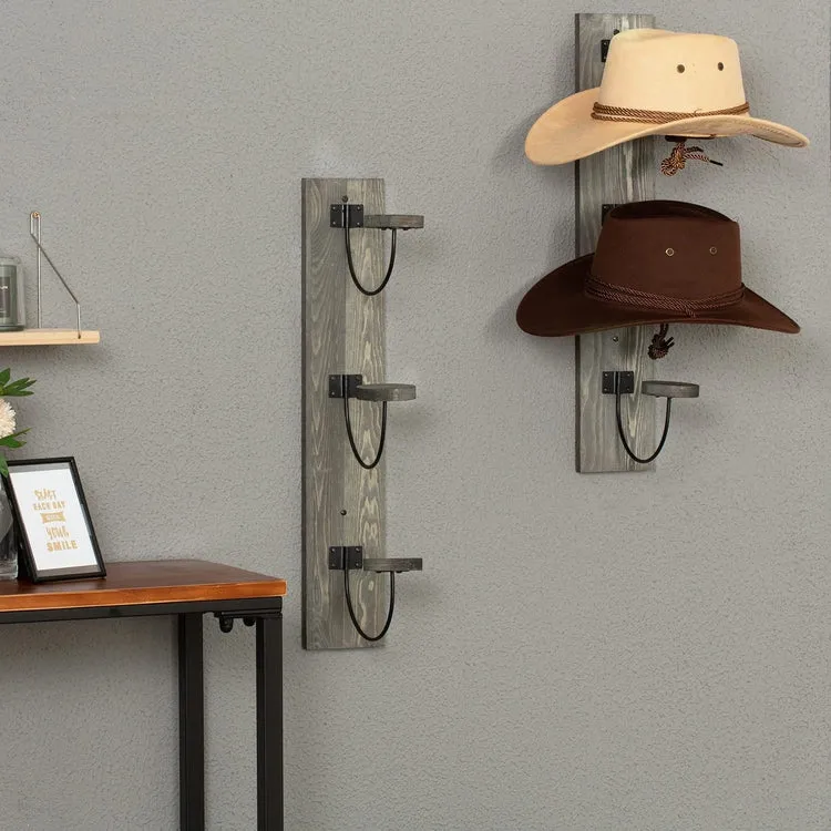 Wall Mounted Hat Rack, Gray Wood and Black Metal Wire Vertical Hat and Coat Storage Hooks, Set of 2