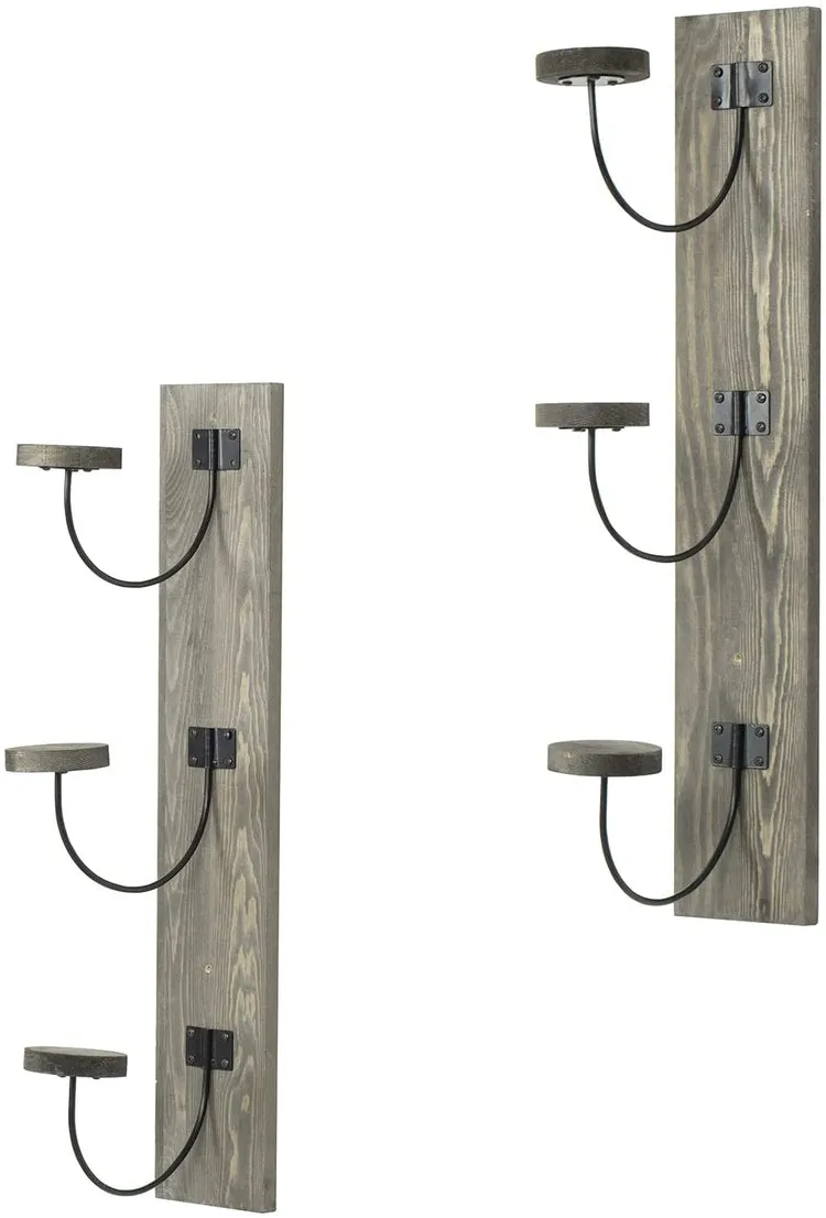 Wall Mounted Hat Rack, Gray Wood and Black Metal Wire Vertical Hat and Coat Storage Hooks, Set of 2