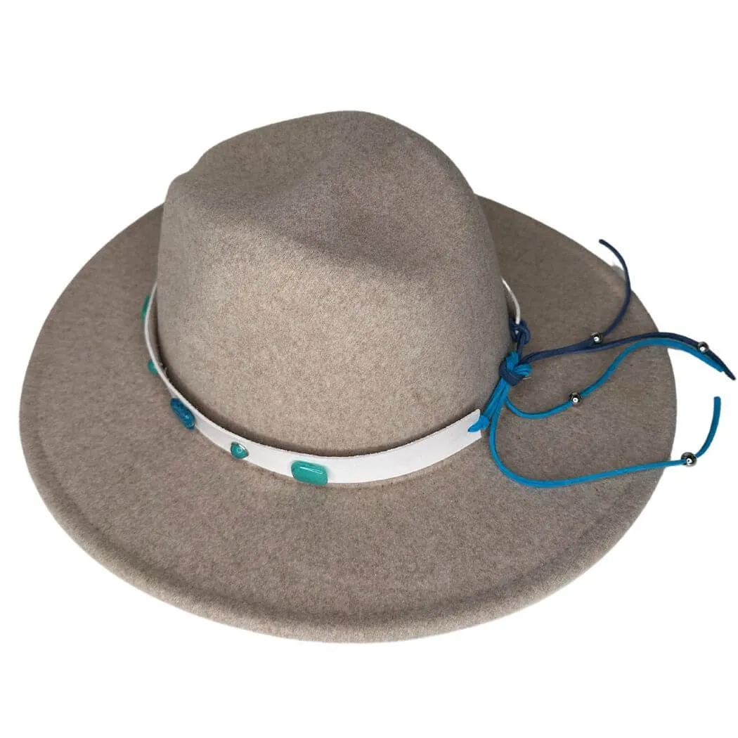 White Leather Hat Band With Turquoise Gemstones