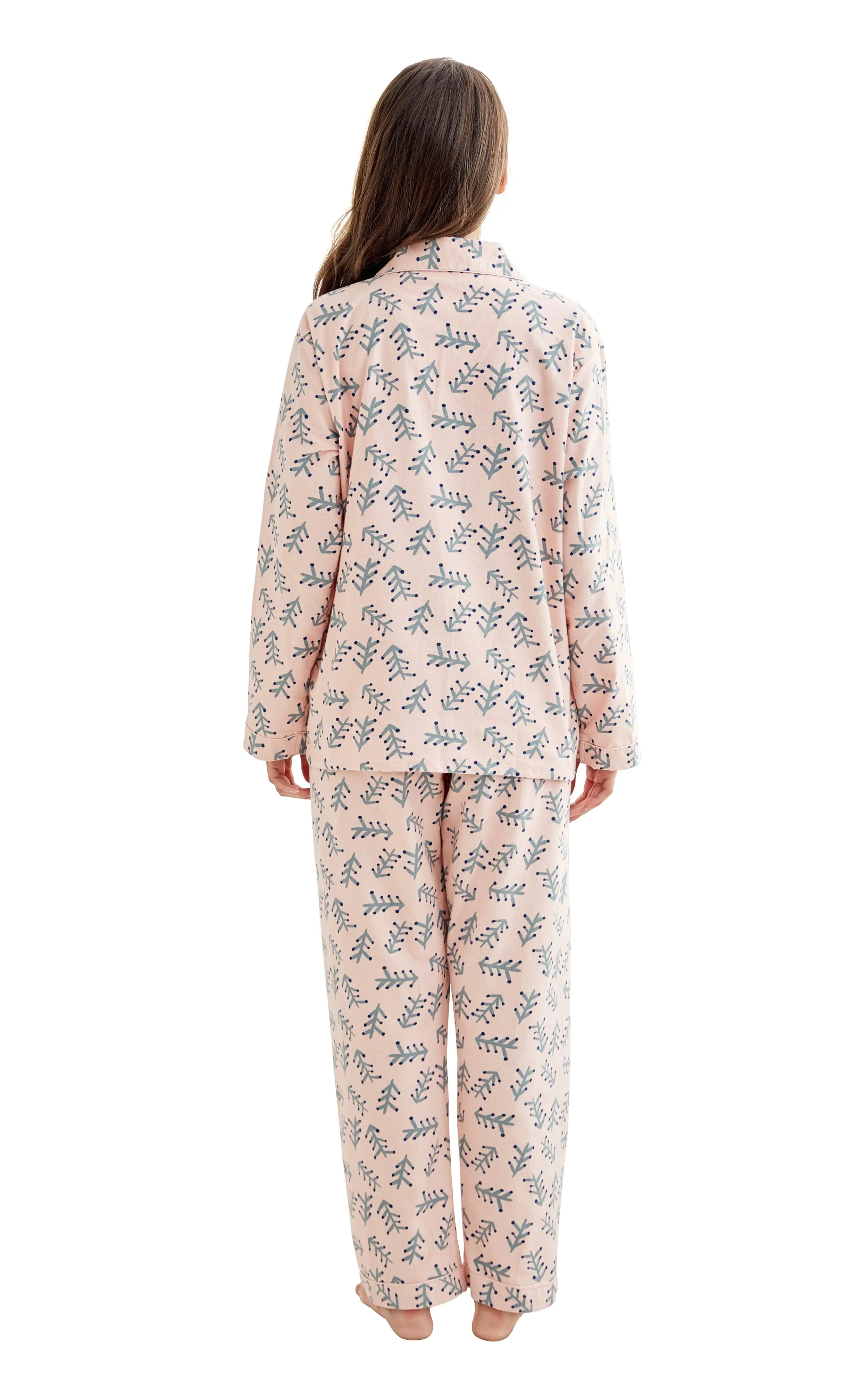 Women's Cotton Long Sleeve Flannel Pajama Set-Light Pink with Green Branches