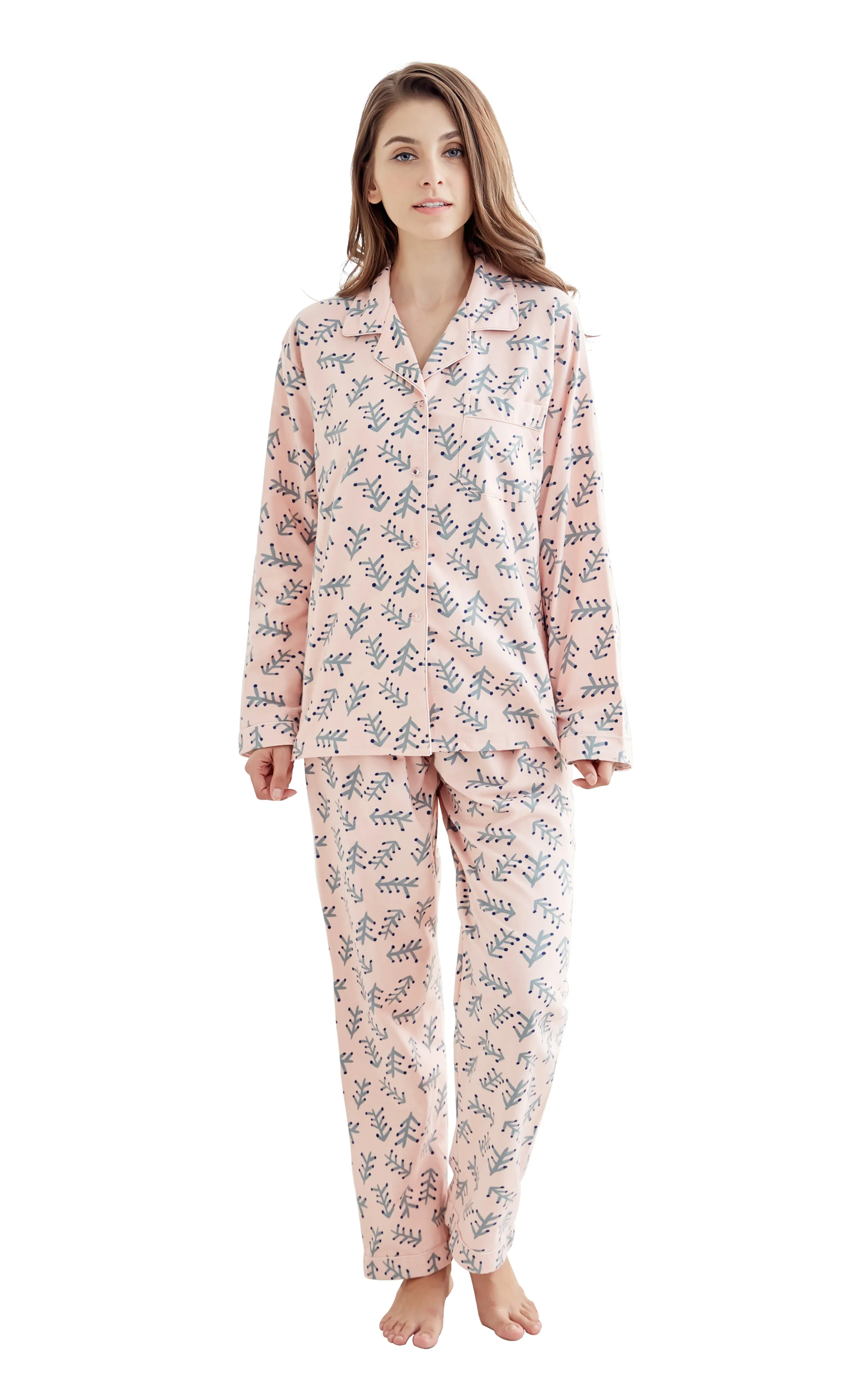 Women's Cotton Long Sleeve Flannel Pajama Set-Light Pink with Green Branches