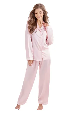 Women's Silk Satin Pajama Set Long Sleeve-Light Pink with White Piping