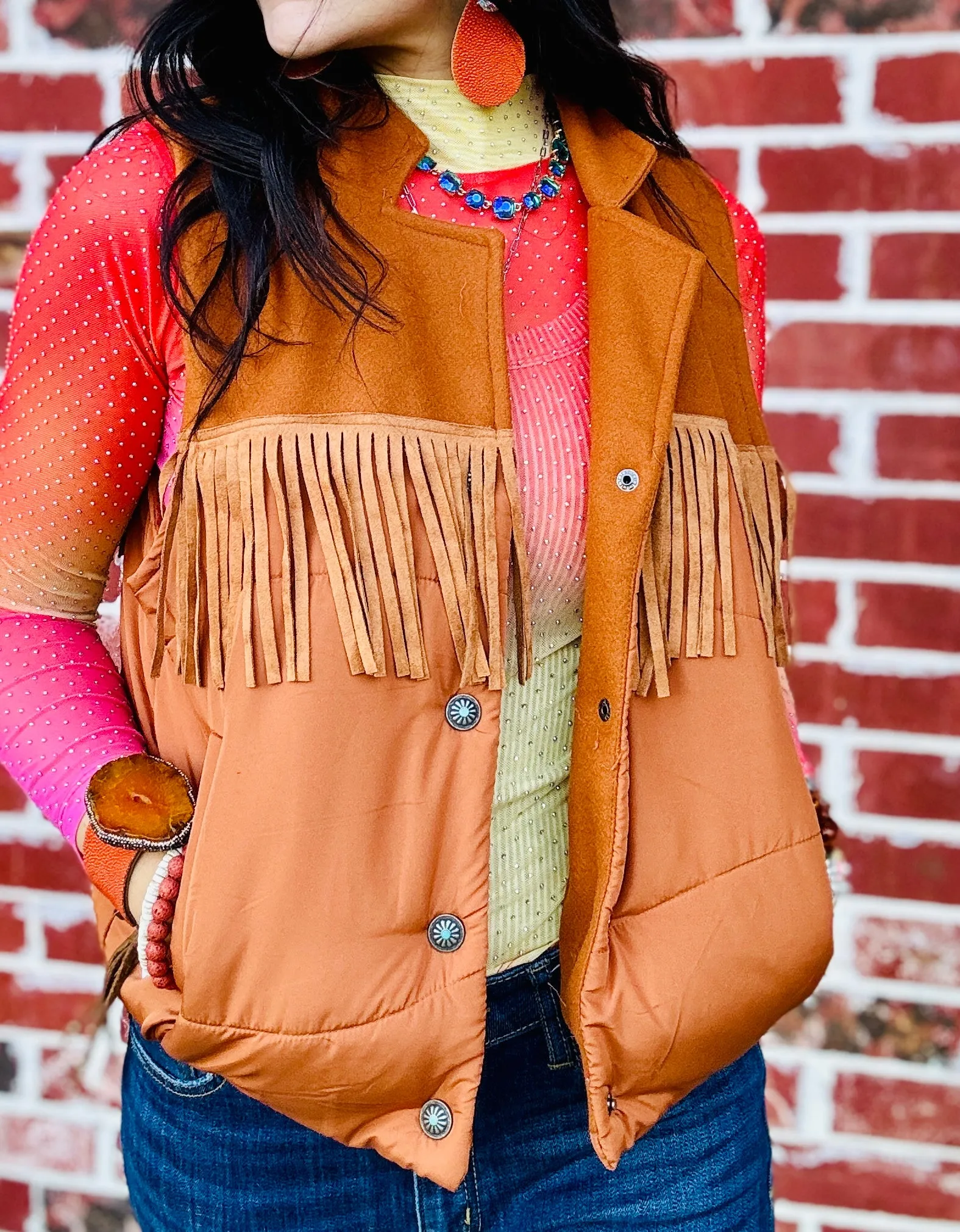 Ya'll Fly Fringe Vest-Cognac