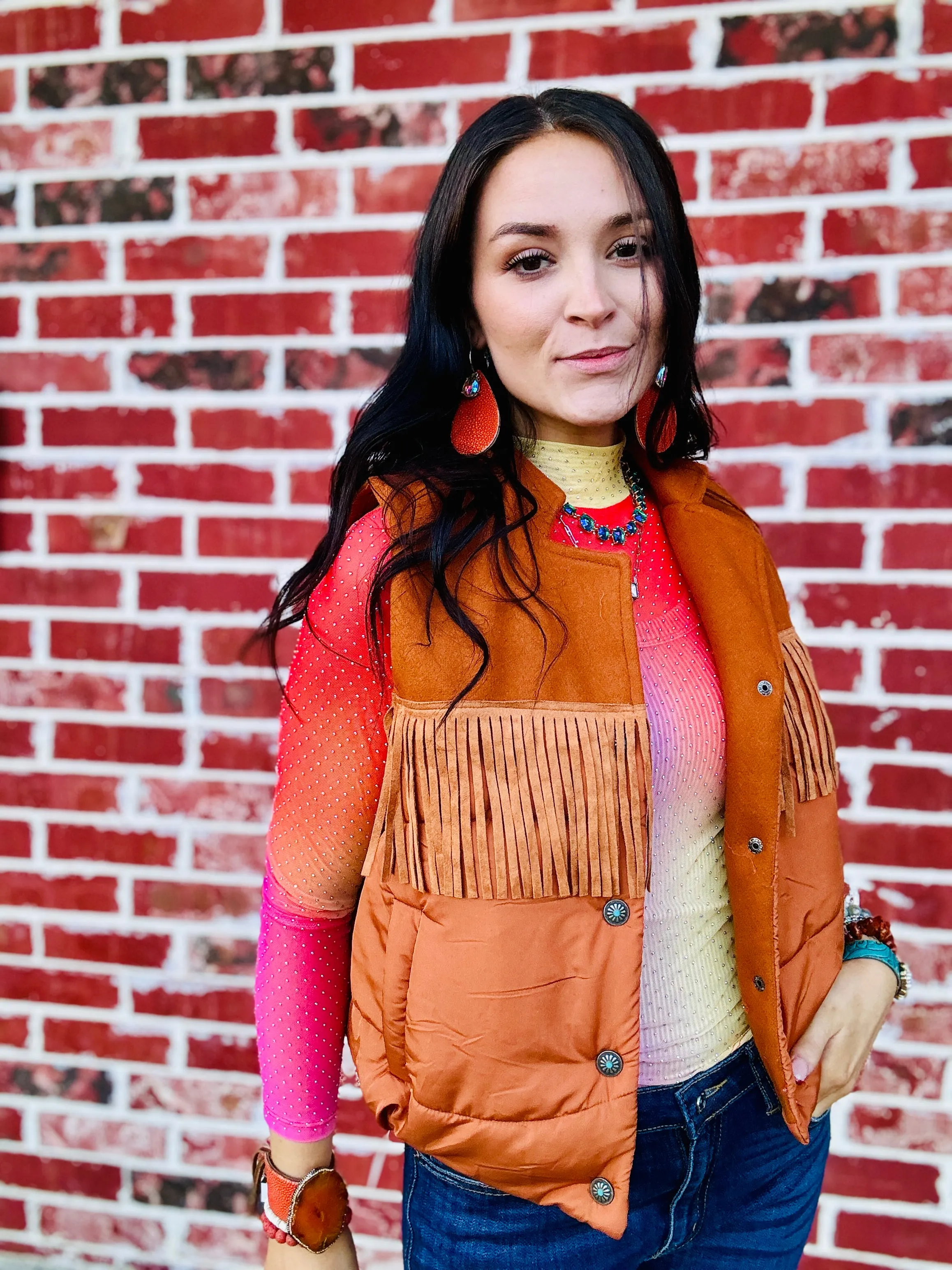 Ya'll Fly Fringe Vest-Cognac