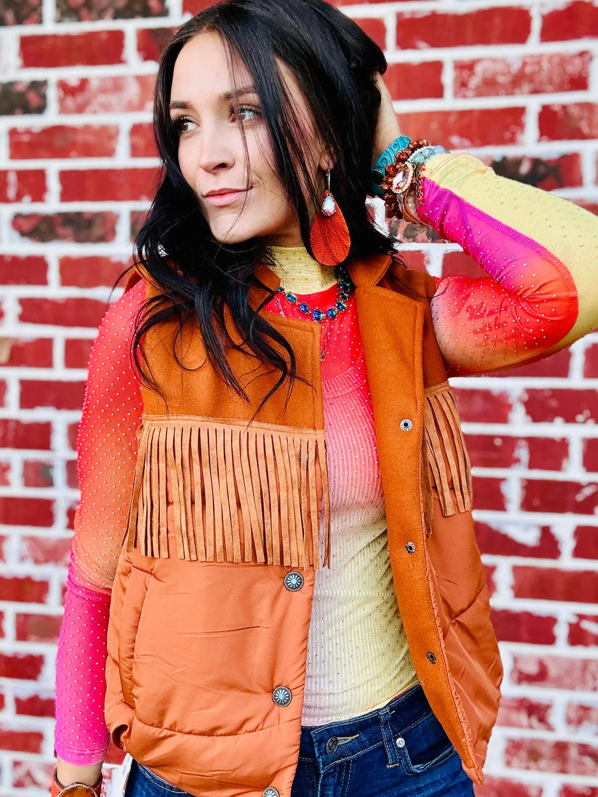 Ya'll Fly Fringe Vest-Cognac