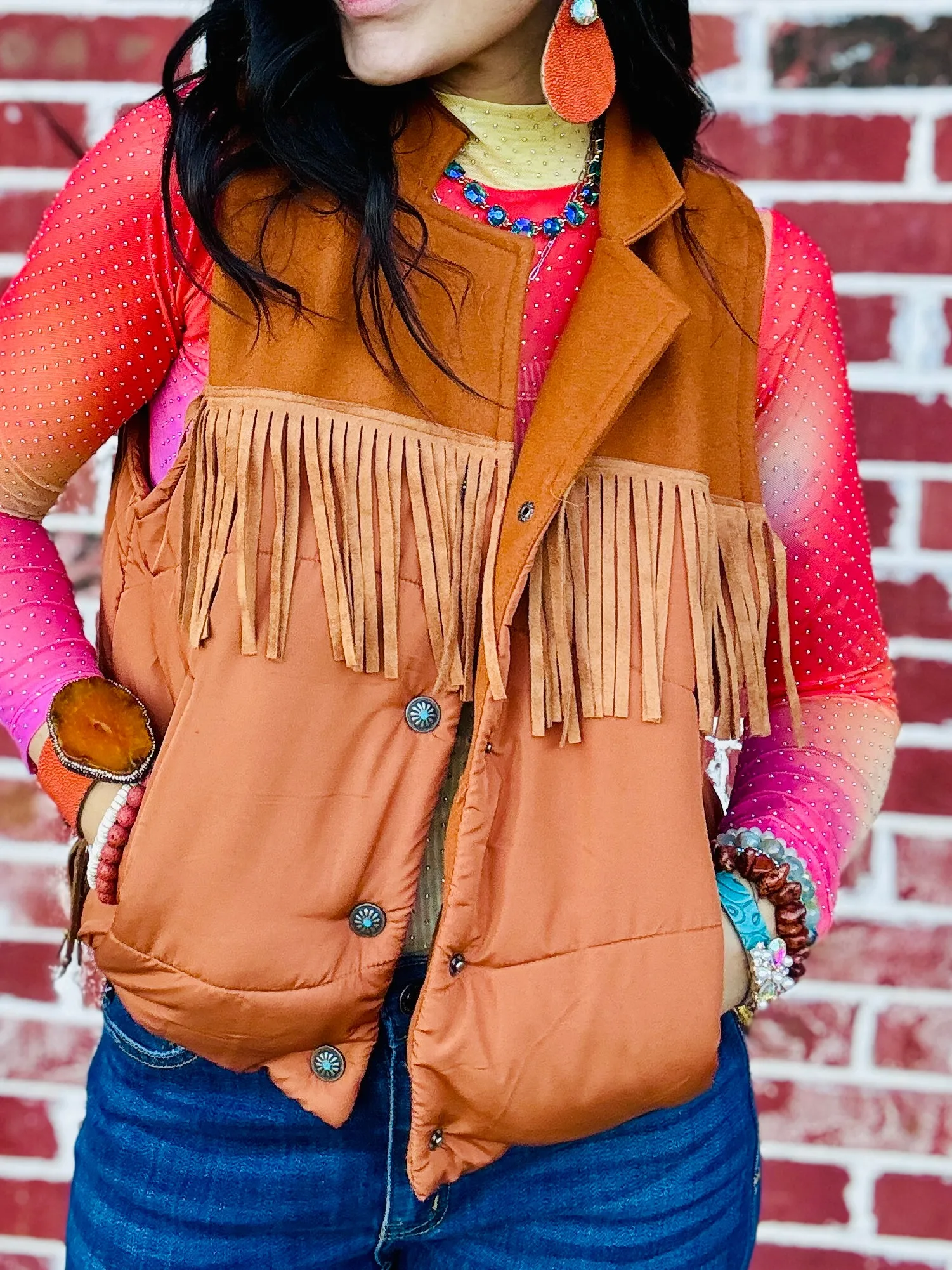 Ya'll Fly Fringe Vest-Cognac