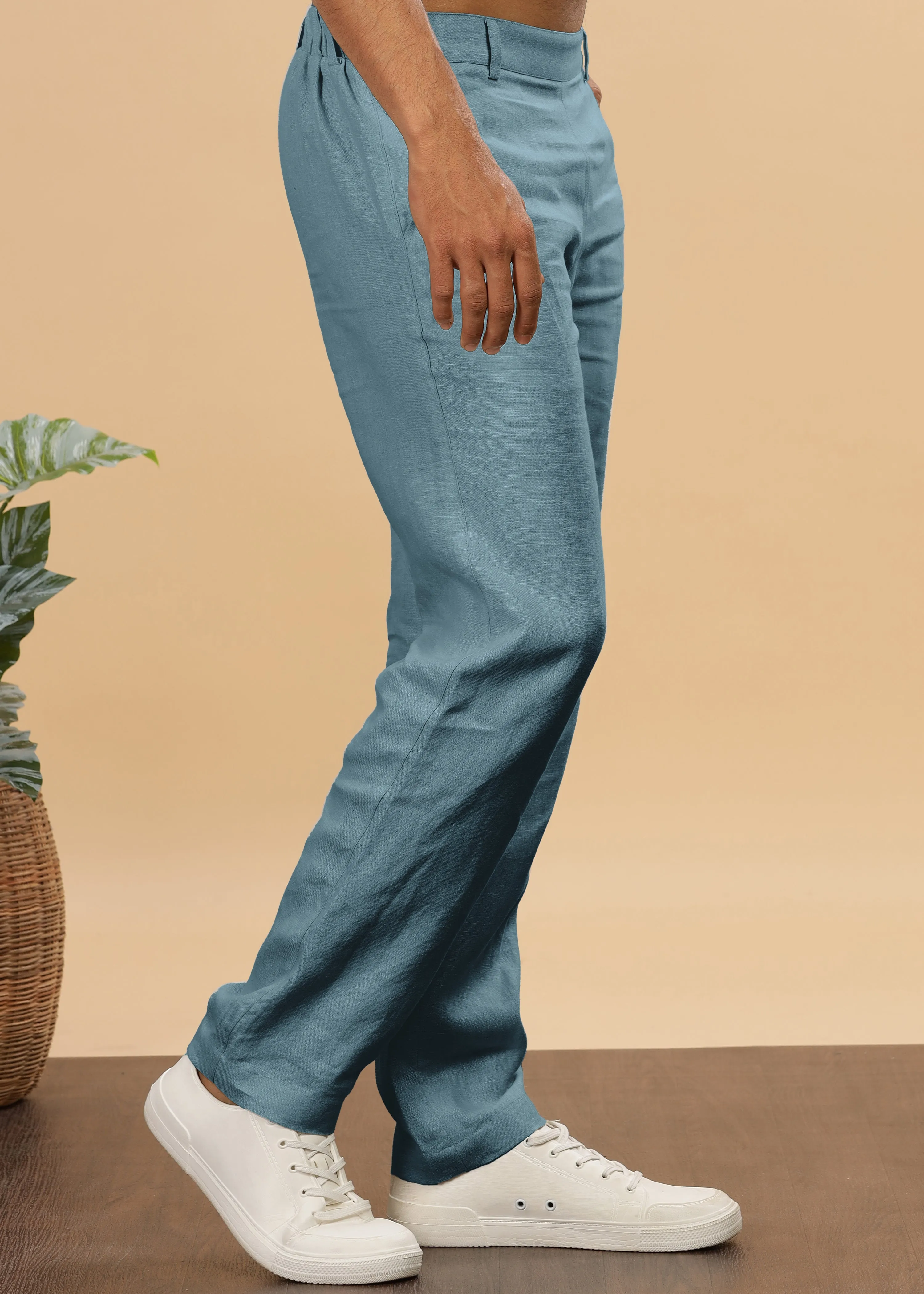 Zen Relaxed Elastic Pure Linen Trousers - Light Blue Grey