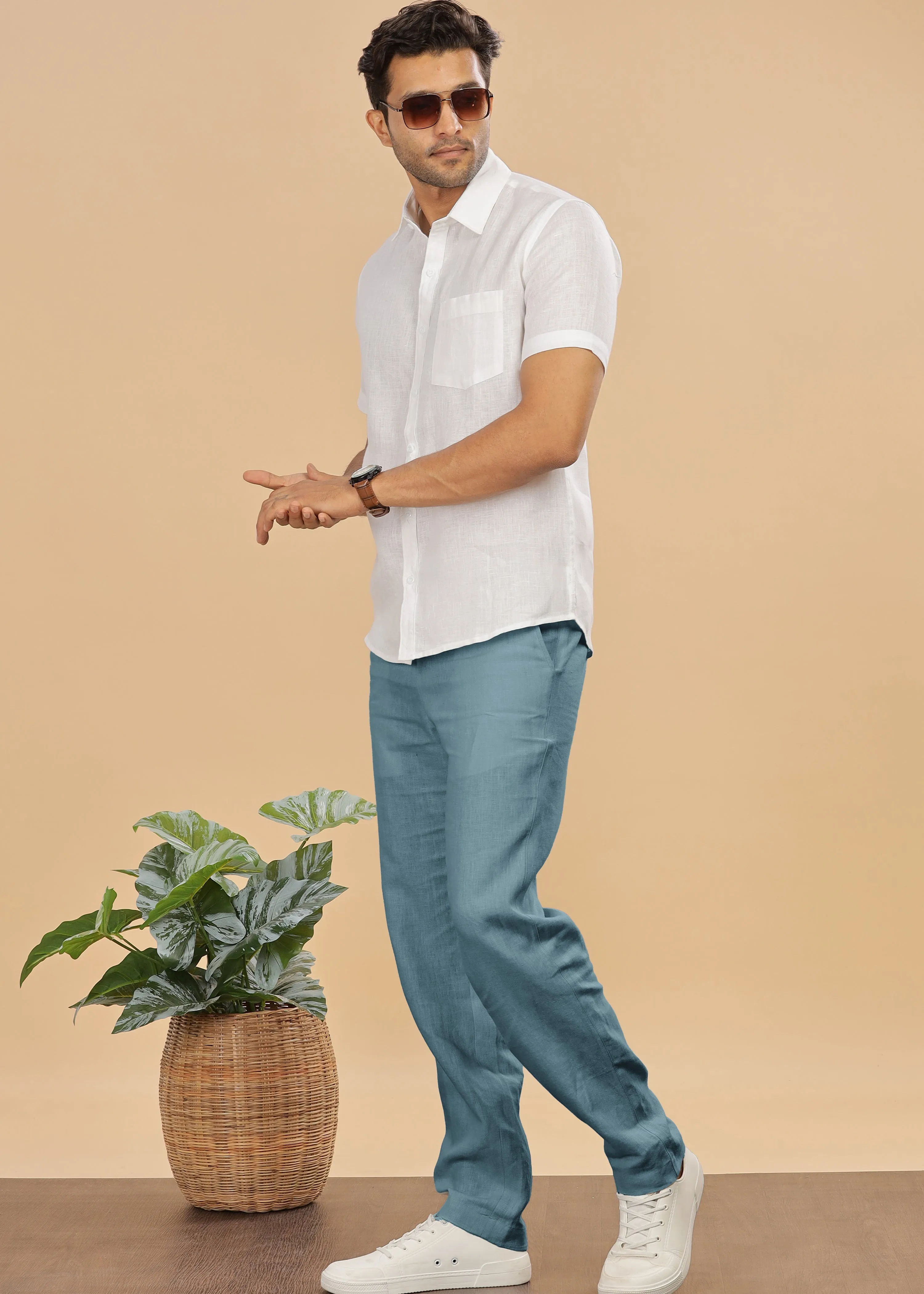 Zen Relaxed Elastic Pure Linen Trousers - Light Blue Grey